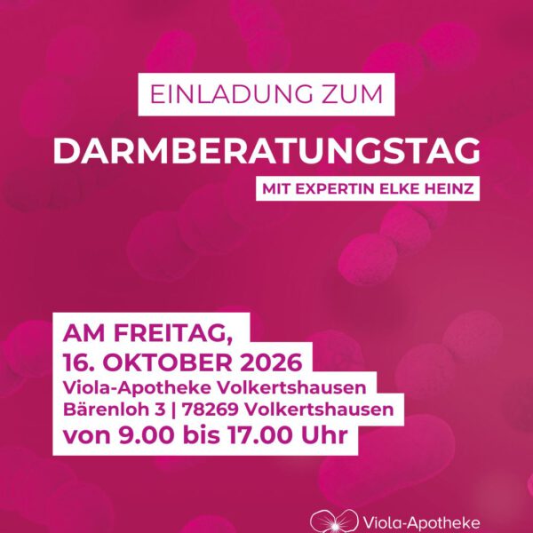 Einladung zum Darmberatungstag mit Expertin Elke Heinz am Freitag, 16. Oktober 2026, von 9.00 bis 17.00 Uhr in der Viola-Apotheke Volkertshausen, Bärenloh 3, auf pinkem Hintergrund mit Darmbakterien